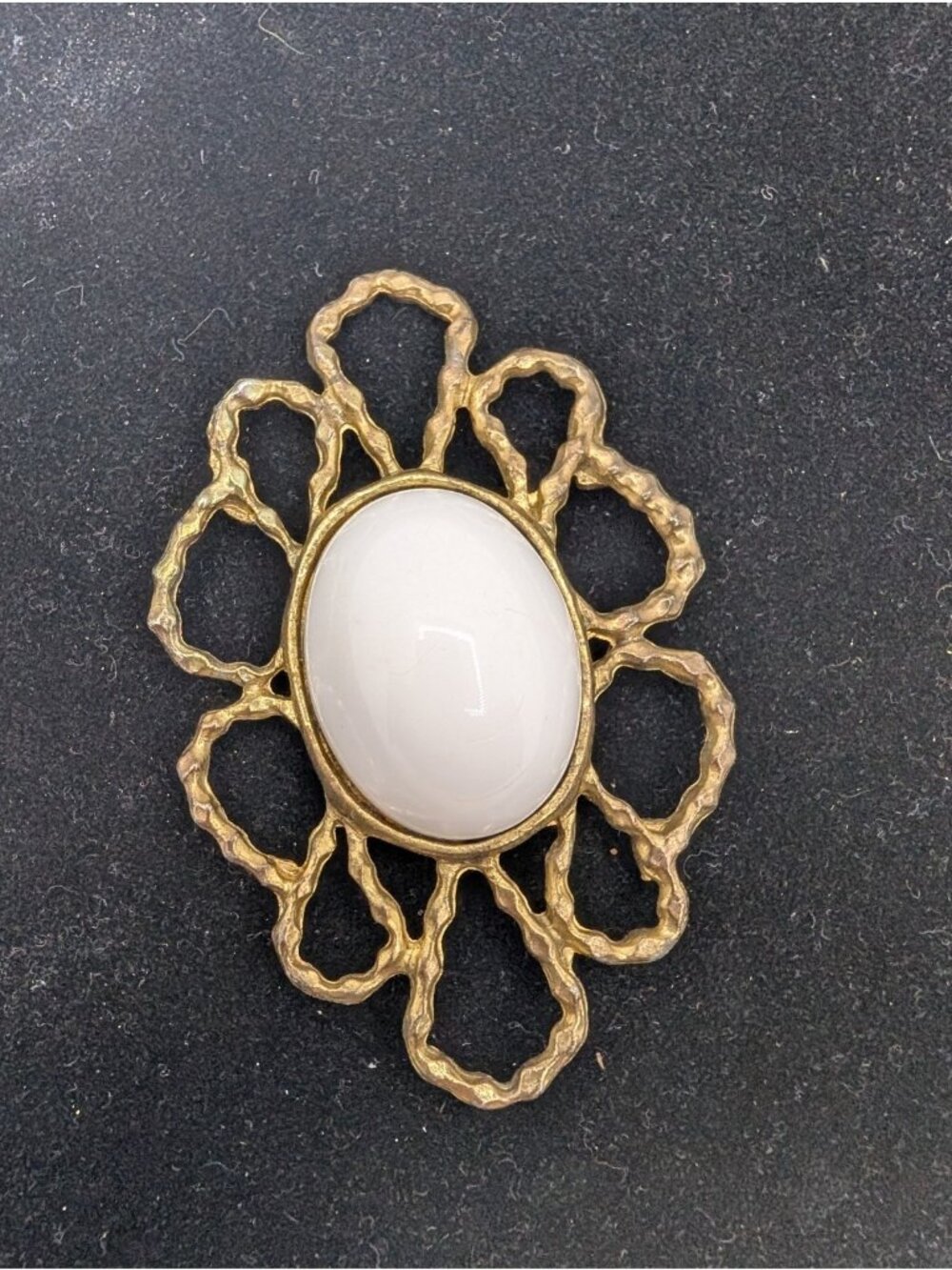 Vtg Brutalist Gold Tone Brooch White Cabochon Boho Statement MCM Coquette 3.75"